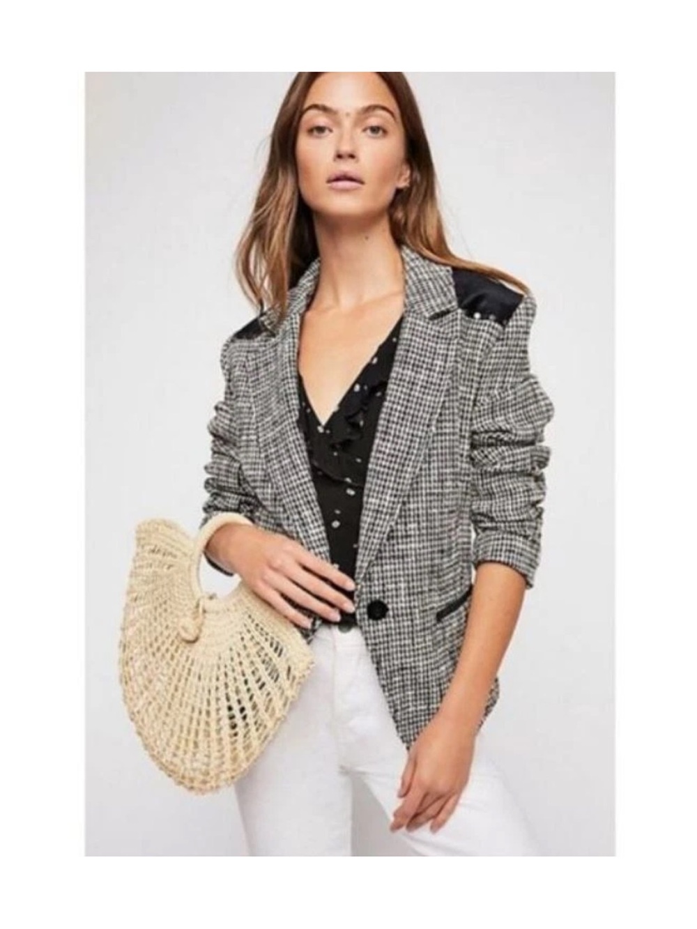 Free People Rodeo Blazer Black and White Glen Plaid Blazer